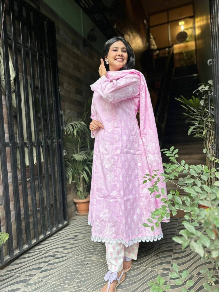 Baby Pink Anarkali Round Dress Set – Voile Cotton Screen Print
